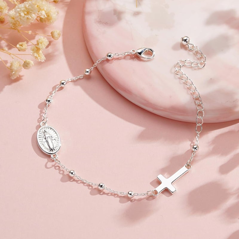 VULETO Catholic Virgin Mary Cross Bracelet Gifts for Girls Teens Women, Rosary Beads Charm Link Chain Bracelet Christmas Christian Religious Jewelry Gifts - Image 2